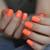 Neon Orange Summer Fashin Press On Nails Ibeautying False Nails Uv Gel Finish Finger Daily Wear Nail Short Squoval Reusabl