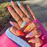 Yosomk Medium Fake Nails Almond Shaped Press On Nails With Colorful Designs Glossy Rainbow False Nails Glue On Artificial Nails