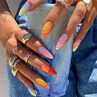 Yosomk Medium Fake Nails Almond Shaped Press On Nails With Colorful Designs Glossy Rainbow False Nails Glue On Artificial Nails