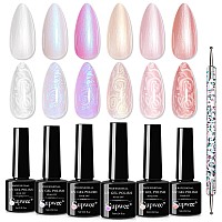 Supwee Pearl Gel Polish 6 Colors Shimmer Glitter Gel Nail Polish With Dotting Pen Pearl White Pink Mermaid Nail Swirl Shell Thr