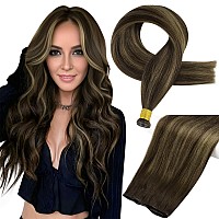 Full Shine Hand Tied Hair Extensions Real Human Hair Genius Weft Extensions Remy Hair Color Darkest Brown To Light Brown Mix Dar