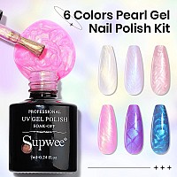 Supwee Pearl Gel Nail Polish 6 Colors Pearl White Pink Nail Polish Gel Mermaid Pearlescent Nail Polish Iridescent Shimmer Blue