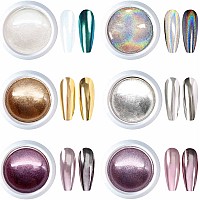 Gzmayuen Chrome Nail Powder 6 Colors Metallic Mirror Pearl Holographic Nail Pigment Powder Holo Chrome Powder Pearl Effect Powde