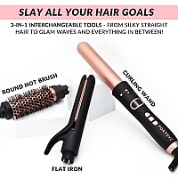 Foxybae 3In1 Interchangeable Hair Tools Curling Wand W 3 Attachments Hot Round Brush Straightening Iron Hair Curler Fo