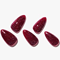 Glamermaid Press On Nails Medium Almond Handmade Glitter Plum Nails Polish Glue On Nails 24Pcs Shiny Burgundy Red Acrylic Fals