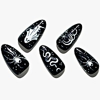 Glamermaid Press On Nails Medium Almond Halloween Gothic Black Glue On Nails With Snake And Spider 24 Pcs Stiletto Acrylic Fal