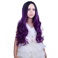 Pattnium Dark Purple Wig Kids Child Wig Long Curly Wavy Wig Ombre Purple Wig Middle Part Girls Wig Black To Purple Wigs Heat Res