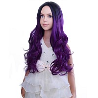 Pattnium Dark Purple Wig Kids Child Wig Long Curly Wavy Wig Ombre Purple Wig Middle Part Girls Wig Black To Purple Wigs Heat Res