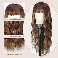 Lativ Brown Wig With Bangs Long Wavy Brown Mixed Blonde Highlight Wig With Dark Roots Ombre Natural Curly Synthetic Resistant Fi