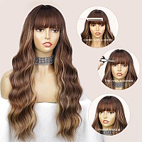 Lativ Brown Wig With Bangs Long Wavy Brown Mixed Blonde Highlight Wig With Dark Roots Ombre Natural Curly Synthetic Resistant Fi