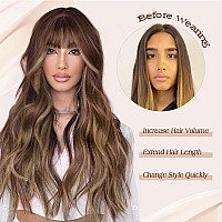 Lativ Brown Wig With Bangs Long Wavy Brown Mixed Blonde Highlight Wig With Dark Roots Ombre Natural Curly Synthetic Resistant Fi