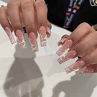 Magrace Press On Nails Long Square Fake Nails French False Nails With Designs Rhinestone 24 Pcs Stick On Nails For Women