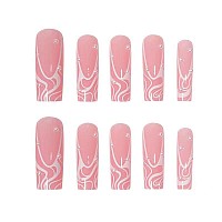 Magrace Press On Nails Long Square Fake Nails French False Nails With Designs Rhinestone 24 Pcs Stick On Nails For Women