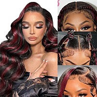 1B99J Ombre Burgundy Body Wave Wig Human Hair 24 Inch Highlight Red Wig Human Hair 13X4 Skunk Stripe Human Hair Wig Red And Bla