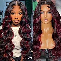 1B99J Ombre Burgundy Body Wave Wig Human Hair 24 Inch Highlight Red Wig Human Hair 13X4 Skunk Stripe Human Hair Wig Red And Bla