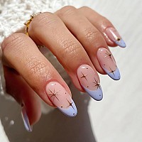 Imsohot Almond Press On Nails Medium Blue French Fake Nails Star Acrylic False Nails With Designs Glossy Glue On Nails Stiletto