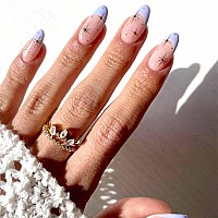 Imsohot Almond Press On Nails Medium Blue French Fake Nails Star Acrylic False Nails With Designs Glossy Glue On Nails Stiletto