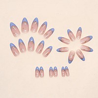 Imsohot Almond Press On Nails Medium Blue French Fake Nails Star Acrylic False Nails With Designs Glossy Glue On Nails Stiletto