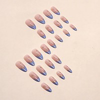 Imsohot Almond Press On Nails Medium Blue French Fake Nails Star Acrylic False Nails With Designs Glossy Glue On Nails Stiletto