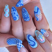 Imsohot Blue Almond Press On Nails Medium French Tip Fake Nails Glossy Ful Cover Glue On Nails Full Cover Cute Acrylic False Nai