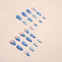 Imsohot Blue Almond Press On Nails Medium French Tip Fake Nails Glossy Ful Cover Glue On Nails Full Cover Cute Acrylic False Nai