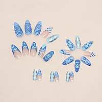 Imsohot Blue Almond Press On Nails Medium French Tip Fake Nails Glossy Ful Cover Glue On Nails Full Cover Cute Acrylic False Nai