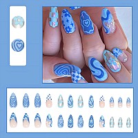 Imsohot Blue Almond Press On Nails Medium French Tip Fake Nails Glossy Ful Cover Glue On Nails Full Cover Cute Acrylic False Nai