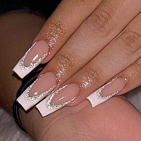 Mervf Coffin Press On Nails Long Fake Nails White French Tip Ballerina Glue On Nails Press Ons With Glitter Design Glossy 24Pcs