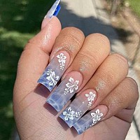 Foccna Square Blue Press On Nails Longfake Nails Acrylic False Nails Flower Designartificial Blue Nails For Women And Girls 2