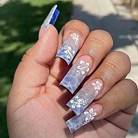 Foccna Square Blue Press On Nails Longfake Nails Acrylic False Nails Flower Designartificial Blue Nails For Women And Girls 2