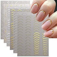 6 Sheets Metallic Nail Art Stickers Gold Silver French Nail Decals Nail Art Supplies 3D Metal Curve Stripe Wave Lines Nail Desig