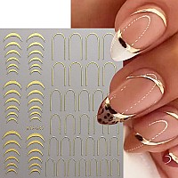 6 Sheets Metallic Nail Art Stickers Gold Silver French Nail Decals Nail Art Supplies 3D Metal Curve Stripe Wave Lines Nail Desig