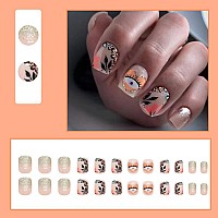 24Pcs Short Press On Nails Square Cute Fake Nails False Nails Full Cover Nails Press Ons Short Nail Tips Art Kit Acrylic Gold Gl