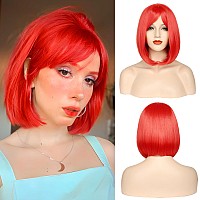 Morica Red Bob Wigs For Women Short Bob Wig With Bangs 14 Inch Straight Wigs Soft Synthetic Full Wigs For Daily Party