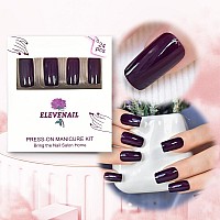 Elevenail Press On Nails Glossy Dark Purple Solid Color Nail Art Tips Medium Lenght Squoval False Nails Salon Women Girls Manicu