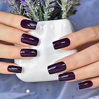 Elevenail Press On Nails Glossy Dark Purple Solid Color Nail Art Tips Medium Lenght Squoval False Nails Salon Women Girls Manicu