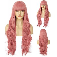 Anogol Hair Cap86Cm34Inch Pink Wig Pink Curly Wig For Anime Cosplay Women Long Pink Wig With Bangs Pink Hair For Costume Wigs