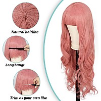 Anogol Hair Cap86Cm34Inch Pink Wig Pink Curly Wig For Anime Cosplay Women Long Pink Wig With Bangs Pink Hair For Costume Wigs