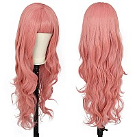 Anogol Hair Cap86Cm34Inch Pink Wig Pink Curly Wig For Anime Cosplay Women Long Pink Wig With Bangs Pink Hair For Costume Wigs