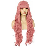 Anogol Hair Cap86Cm34Inch Pink Wig Pink Curly Wig For Anime Cosplay Women Long Pink Wig With Bangs Pink Hair For Costume Wigs