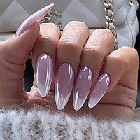 Babalal Stiletto Press On Nails Long White French Tip Mirror Glue On Nails Glossy Aurora Design Almond Acrylic Nails Press On