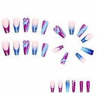 Mervf Coffin Press On Nails Long Fake Nails French Tip Ballerina Glue On Nails Press Ons With Glitter Design 24Pcs Glossy Acryli