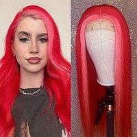 Lovestory Red Lace Front Wig Long Straight Light Pink Highlights Hair Streaks Heat Resistant Hair Synthetic Lace Front Wigs For