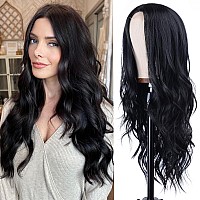 Aida Ble Black Long Wave Wig For Women 26Inch Middle Part Long Curly Wig Heat Resistant Synthetic Hair Looking Natural Fiber W