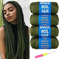 Ruiyok 4 Pcs Dark Green Brazilian Wool Hair For Braids Acrylic Hand Knitting Yarn For Hair Crochet Braid Senegalese Twisting Jum