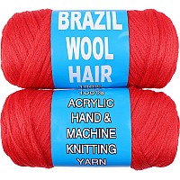 Ruiyok 2 Pcs Red Brazilian Wool Hair For Braids Acrylic Hand Knitting Yarn For Hair Braiding Hair Extension Crochet Braid Senega