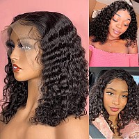 Fine Plus 14Inch Short Curly Human Hair Wig Curly Wig For Black Women Bob Wig Human Hair Glueless Middle Part Deep Wave Human Ha