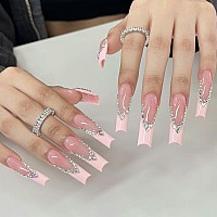 24Pcs Long Press On Nails Coffin French Tip Fake Nails With Rhinestone Bling Design Coffin Shaped Full Cover White Nails Tips Ac