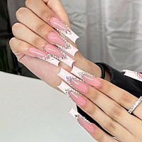 24Pcs Long Press On Nails Coffin French Tip Fake Nails With Rhinestone Bling Design Coffin Shaped Full Cover White Nails Tips Ac