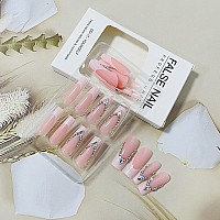 24Pcs Long Press On Nails Coffin French Tip Fake Nails With Rhinestone Bling Design Coffin Shaped Full Cover White Nails Tips Ac